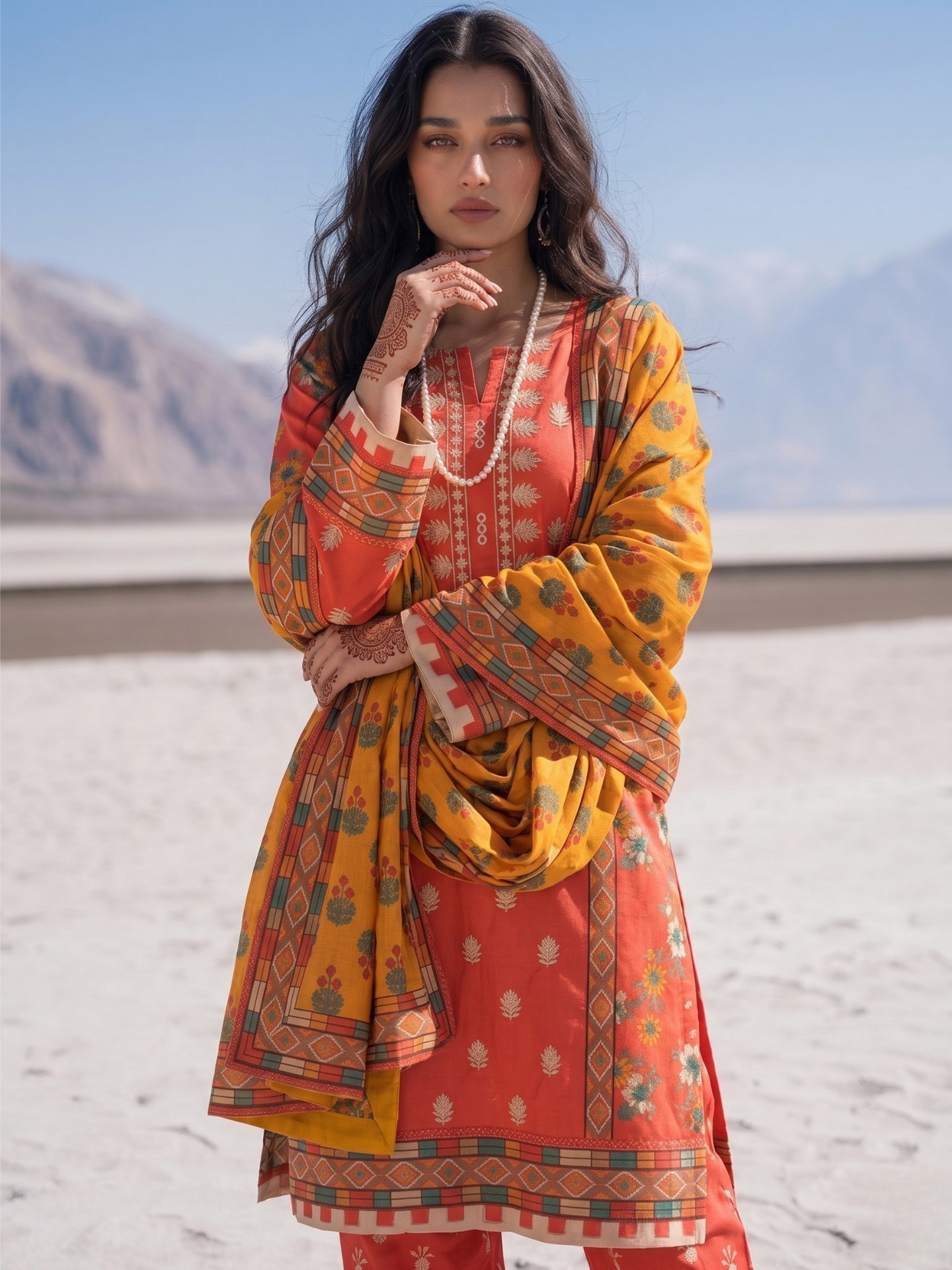 Coral Red Floral Printed Kurta Set with Mustard Dupatta