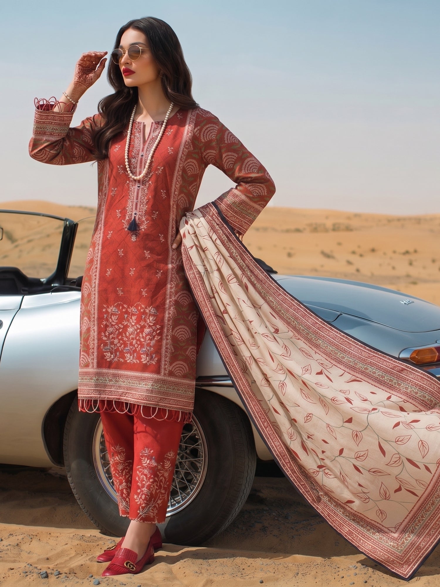 Rust Red Ethnic Printed Cotton Lawn Kurta Set with Dupatta