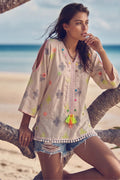 Beige Embroidered Boho Top with Neon Tassel Accents