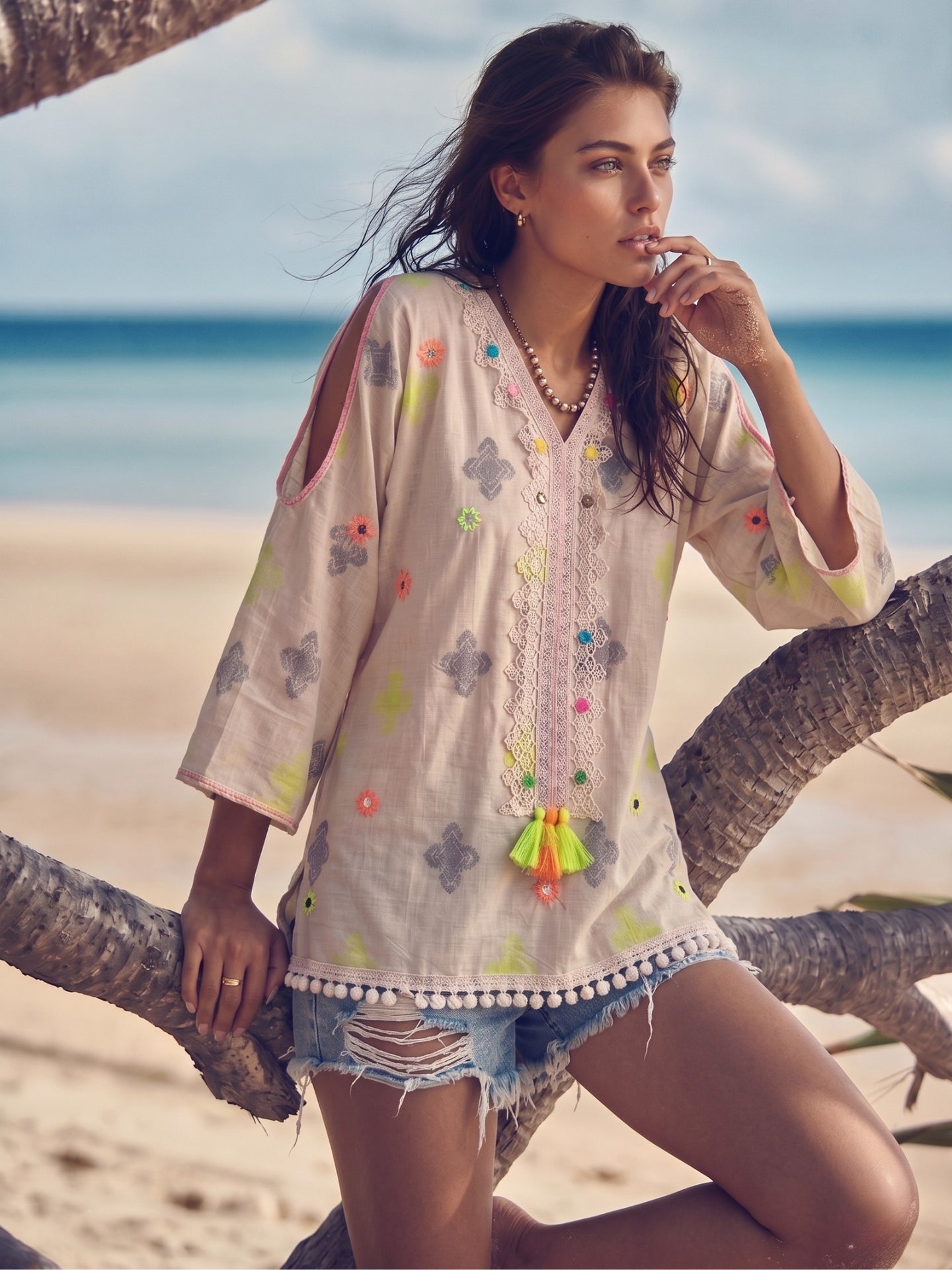 Beige Embroidered Boho Top with Neon Tassel Accents