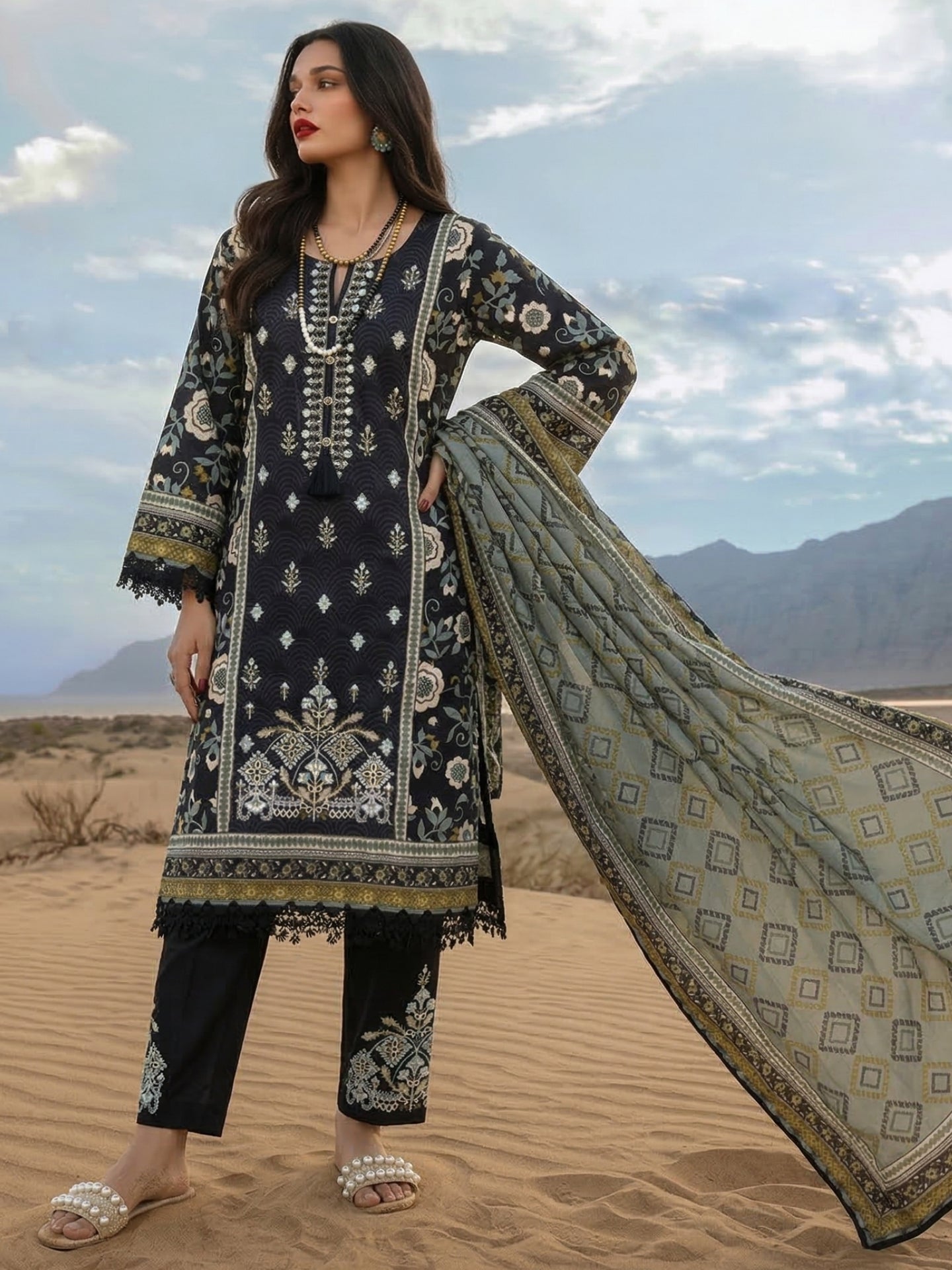 Black Mughal Floral Printed Cotton Lawn Suit Set