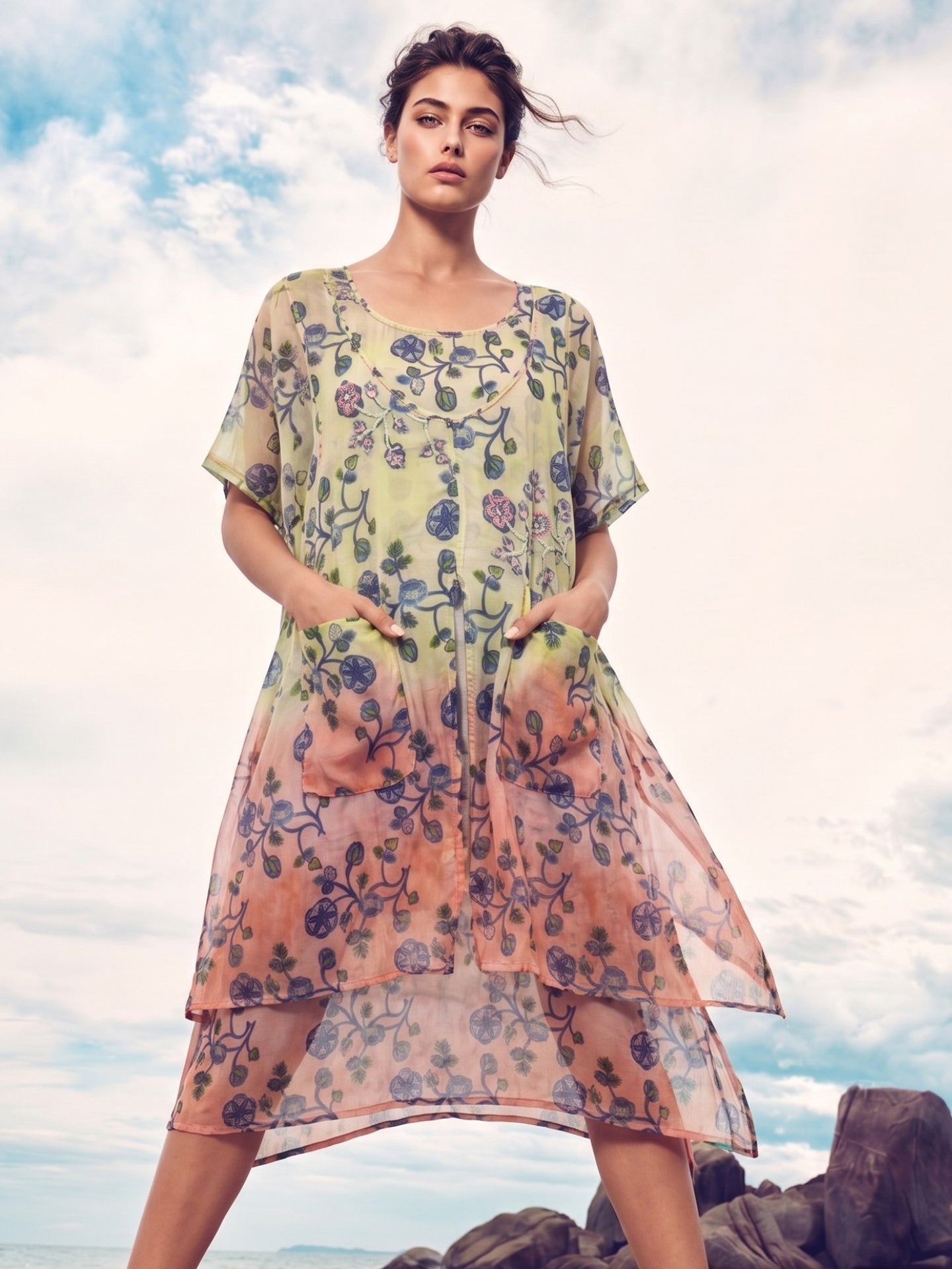 Pastel Floral Layered Boho Midi Dress