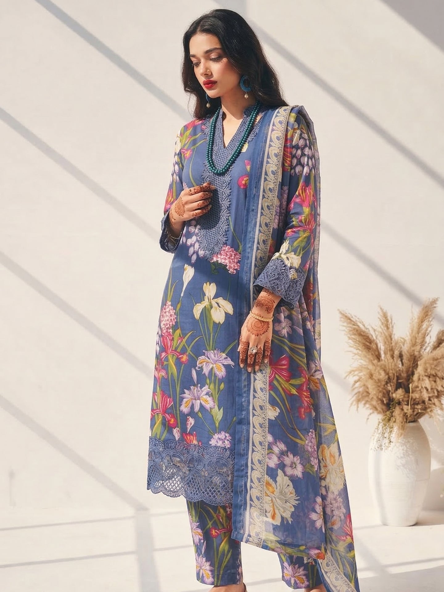 Periwinkle Blue Floral Printed Kurta Set with Lace Detail