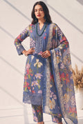 Periwinkle Blue Floral Printed Kurta Set with Lace Detail
