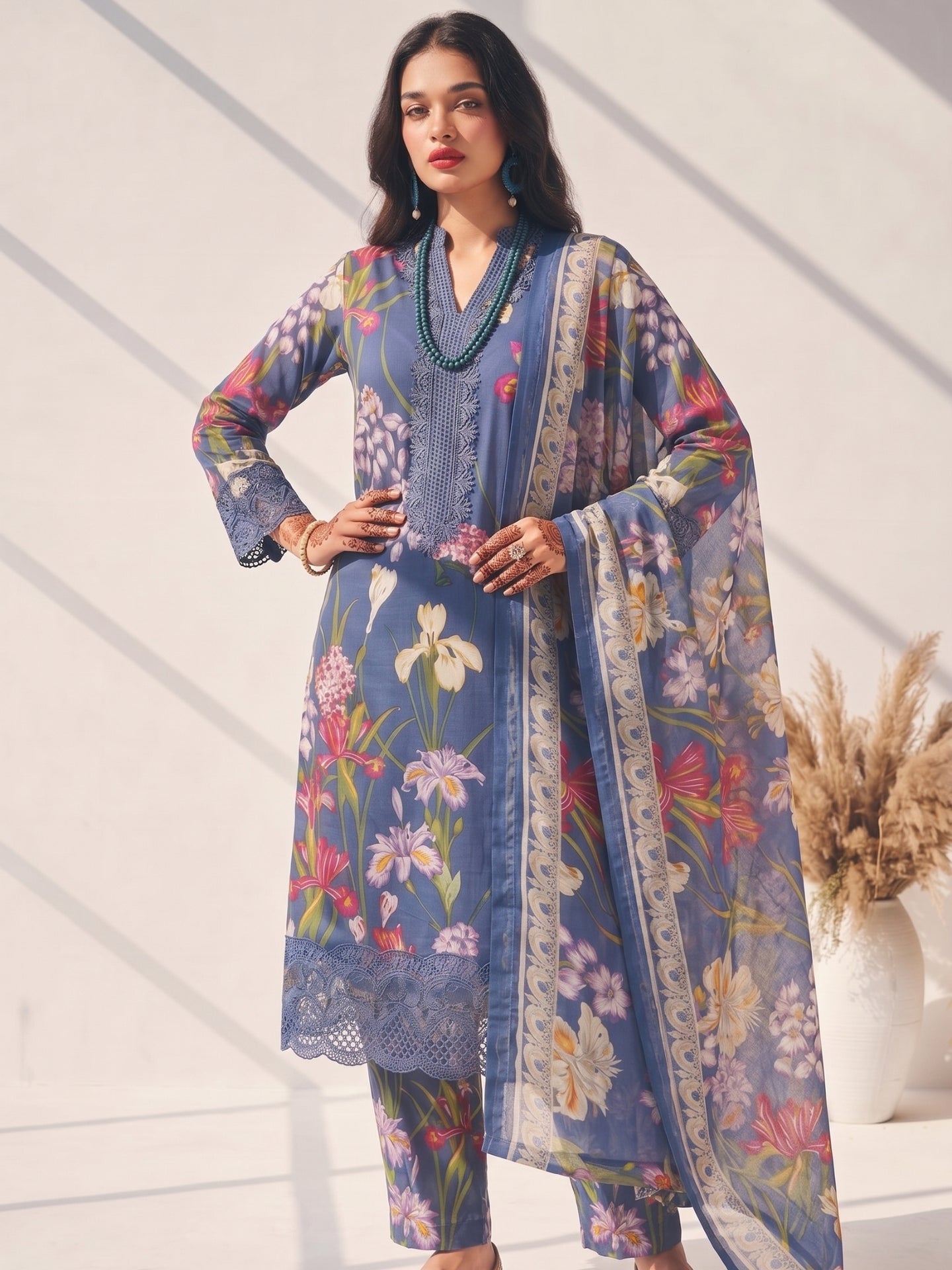 Periwinkle Blue Floral Printed Kurta Set with Lace Detail