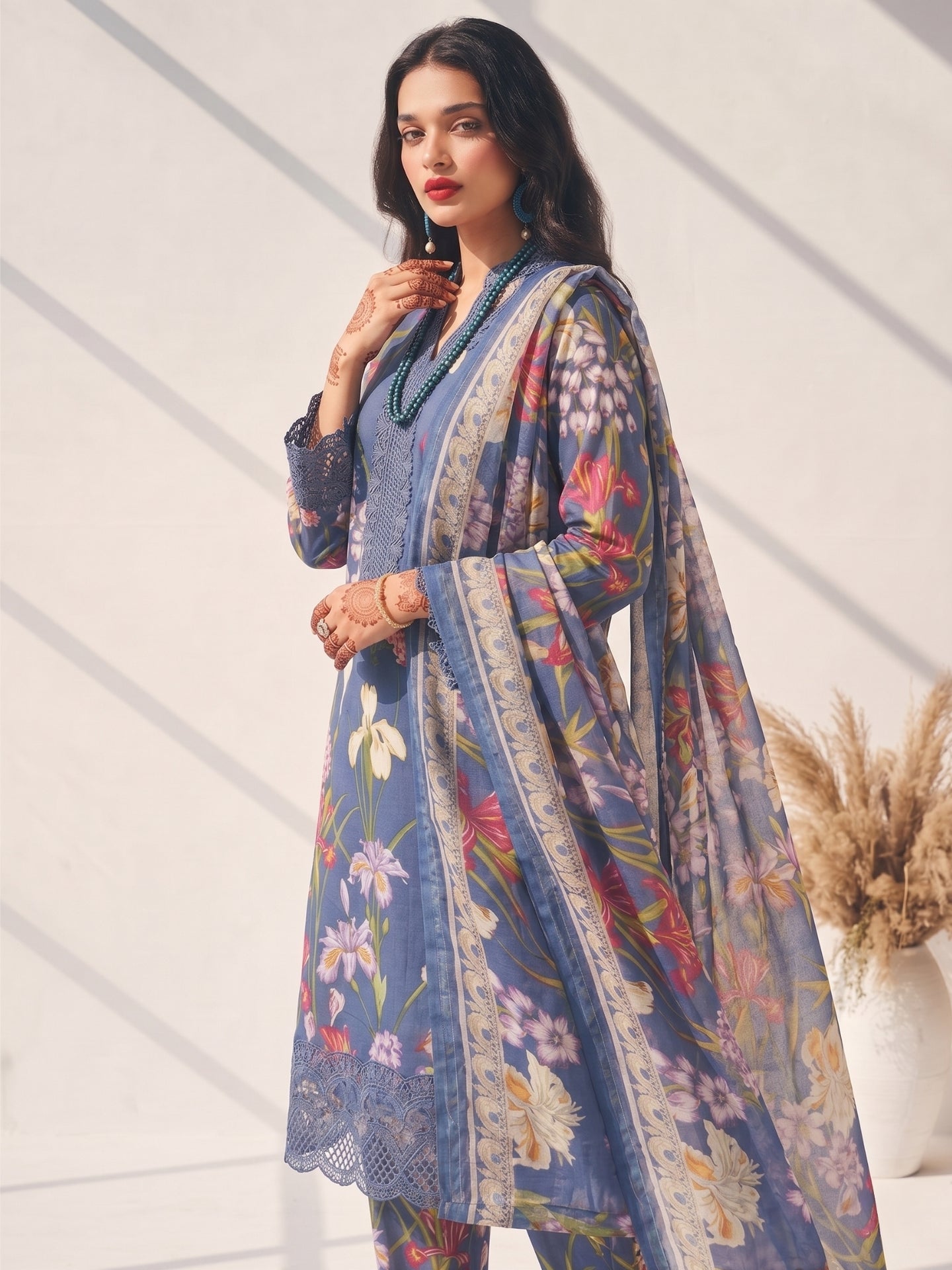 Periwinkle Blue Floral Printed Kurta Set with Lace Detail