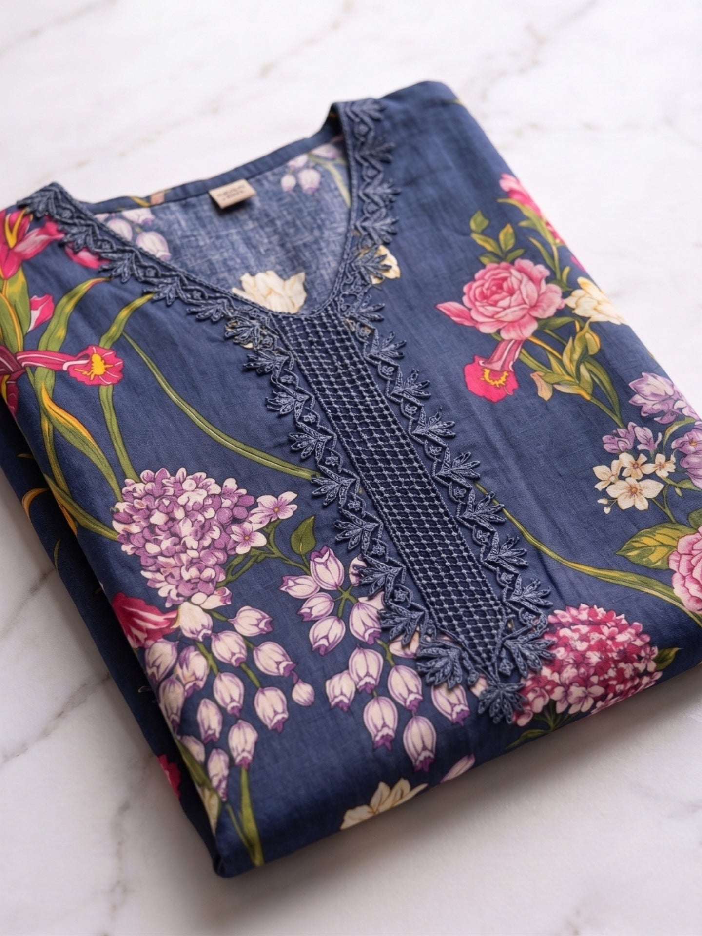 Periwinkle Blue Floral Printed Kurta Set with Lace Detail