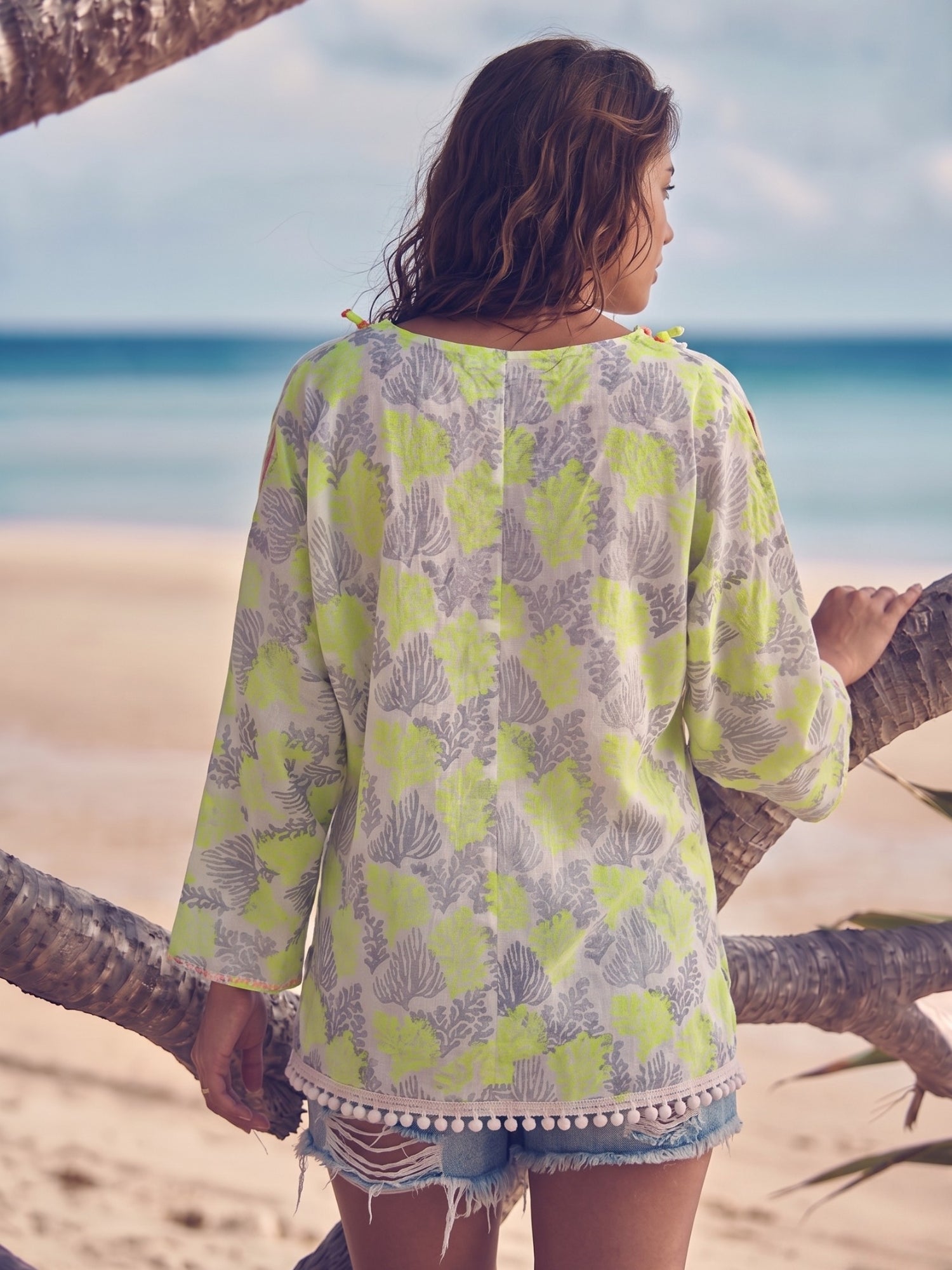 Beige Embroidered Boho Top with Neon Tassel Accents