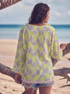 Beige Embroidered Boho Top with Neon Tassel Accents