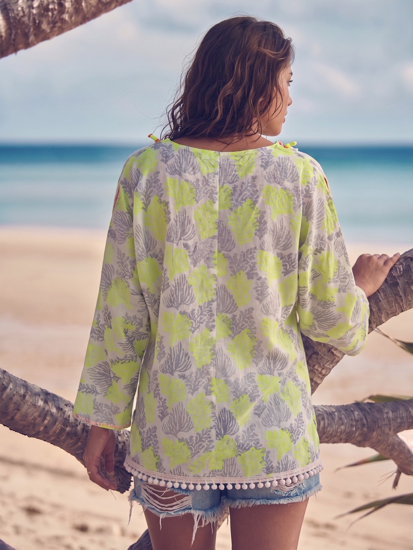 Beige Embroidered Boho Top with Neon Tassel Accents