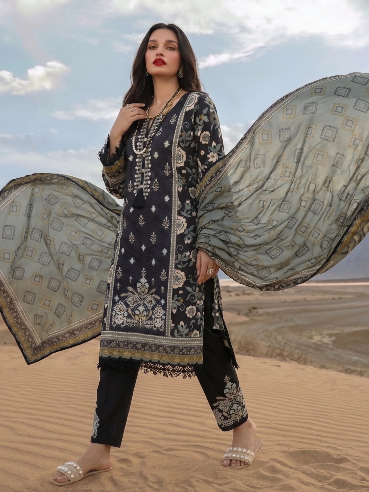 Black Mughal Floral Printed Cotton Lawn Suit Set