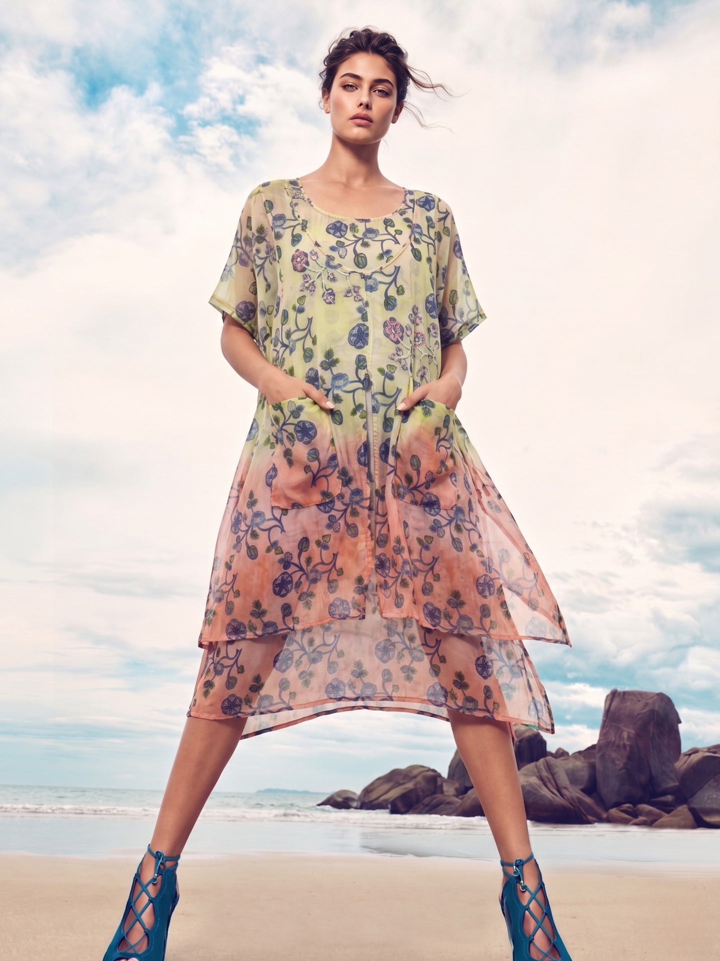 Pastel Floral Layered Boho Midi Dress