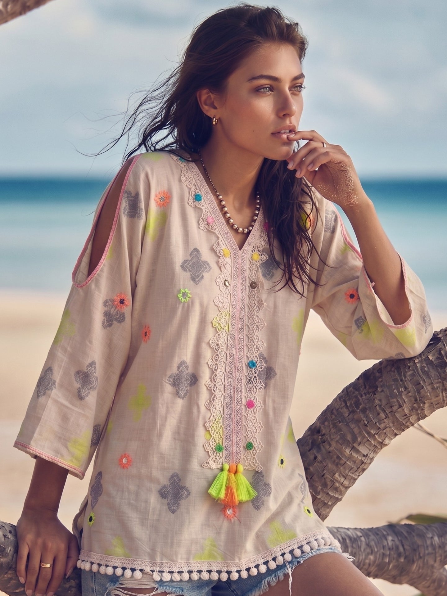 Beige Embroidered Boho Top with Neon Tassel Accents