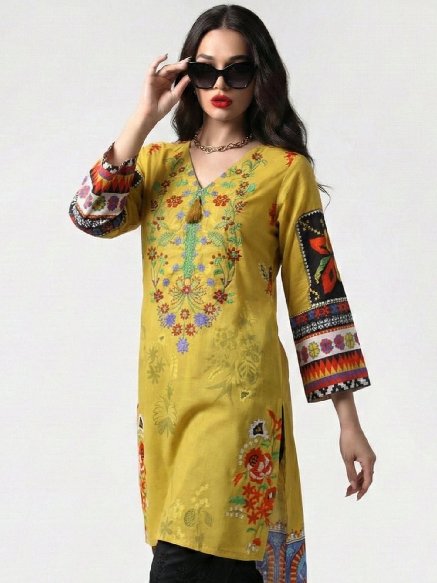 Amani Embroidered Mustard Cotton Lawn Kurti