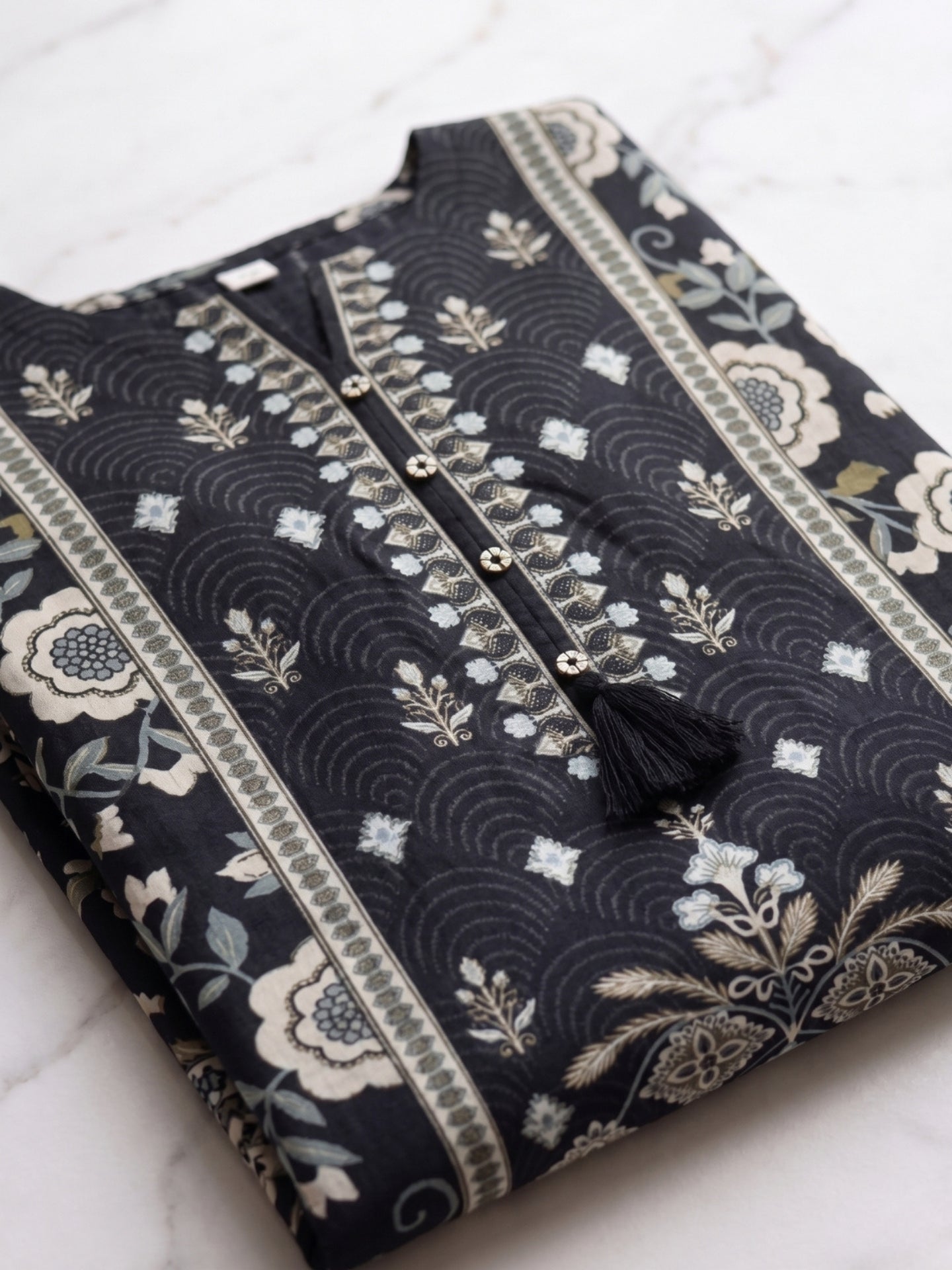 Black Mughal Floral Printed Cotton Lawn Suit Set