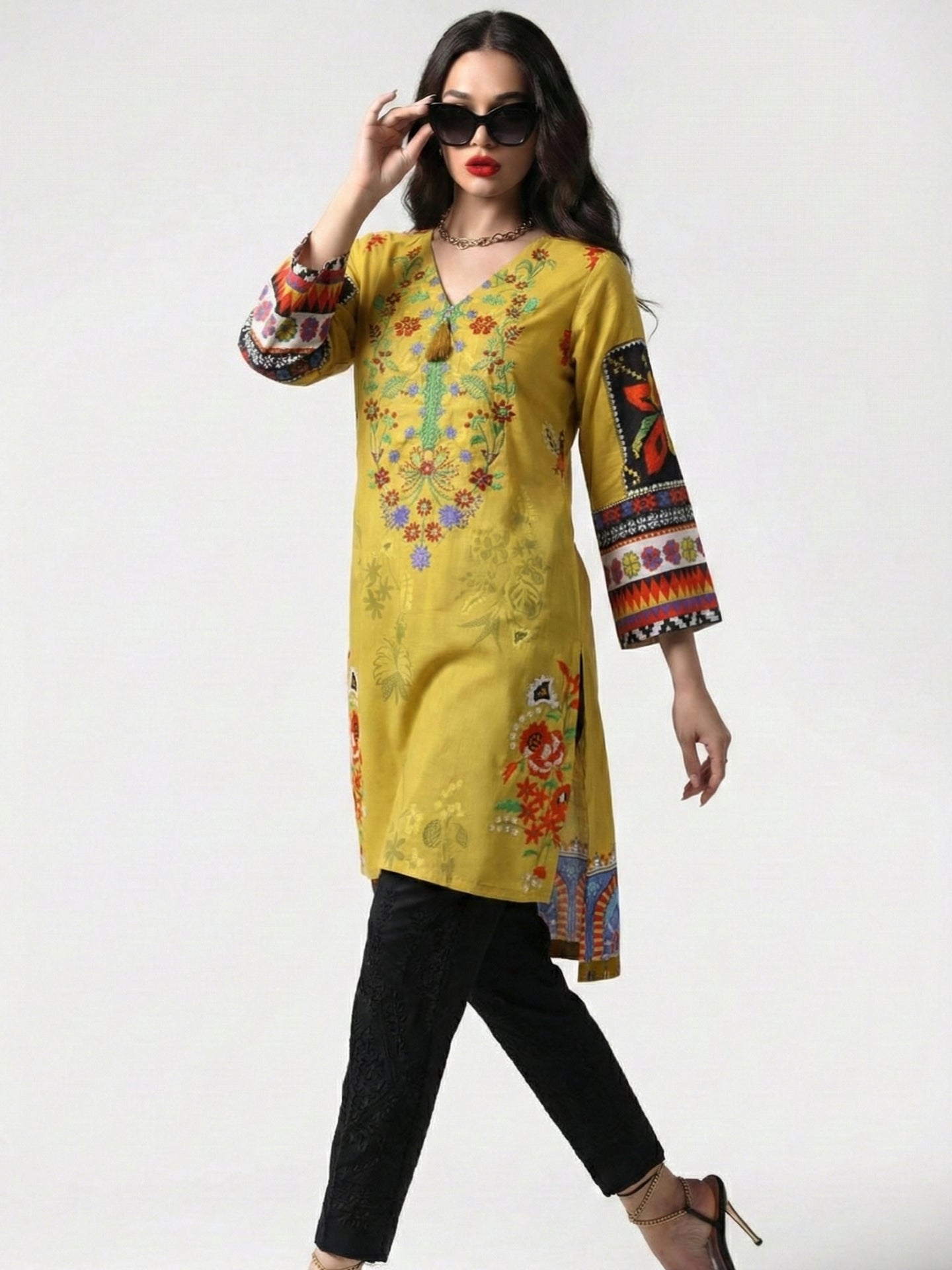 Amani Embroidered Mustard Cotton Lawn Kurti
