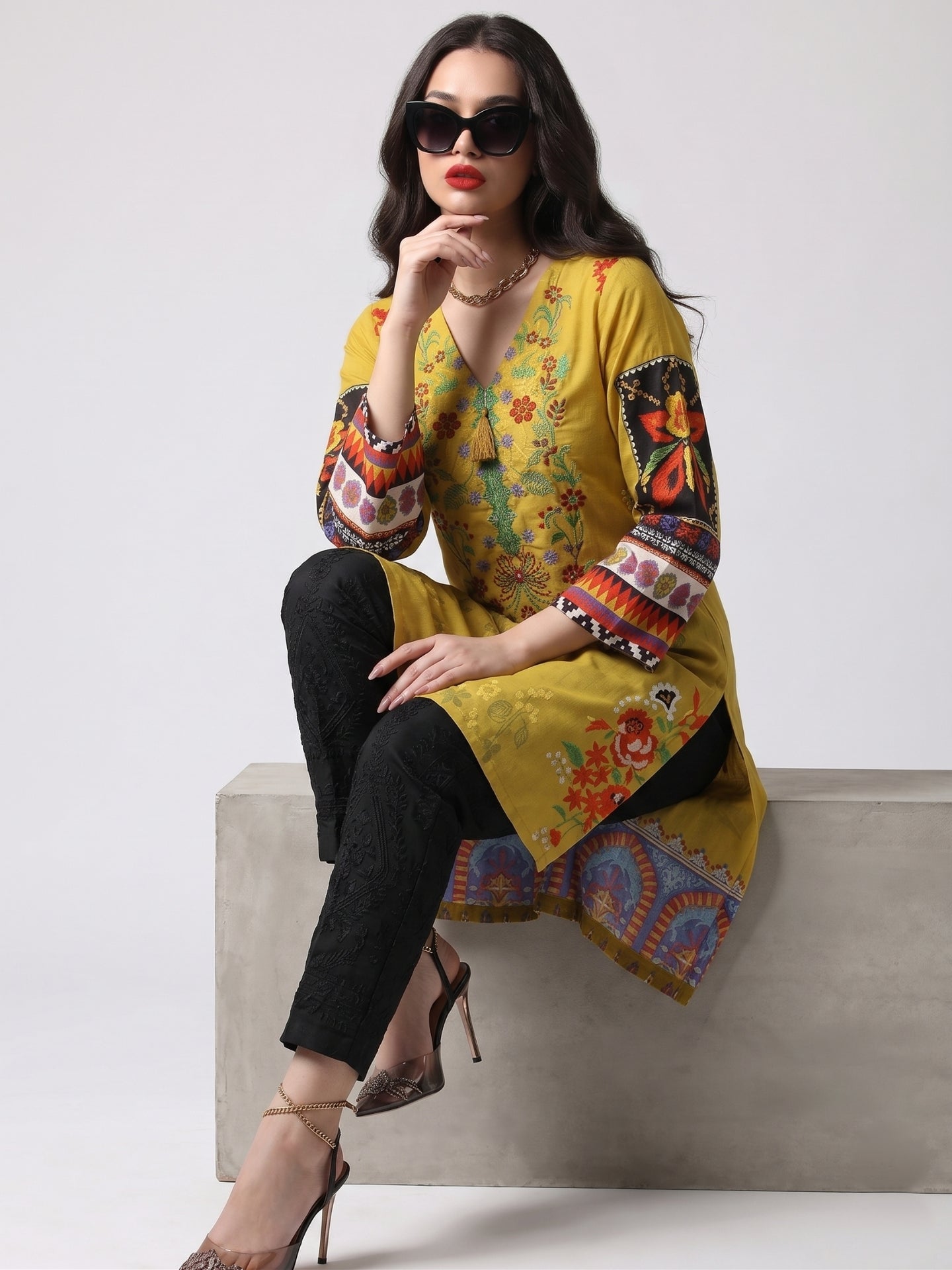Amani Embroidered Mustard Cotton Lawn Kurti