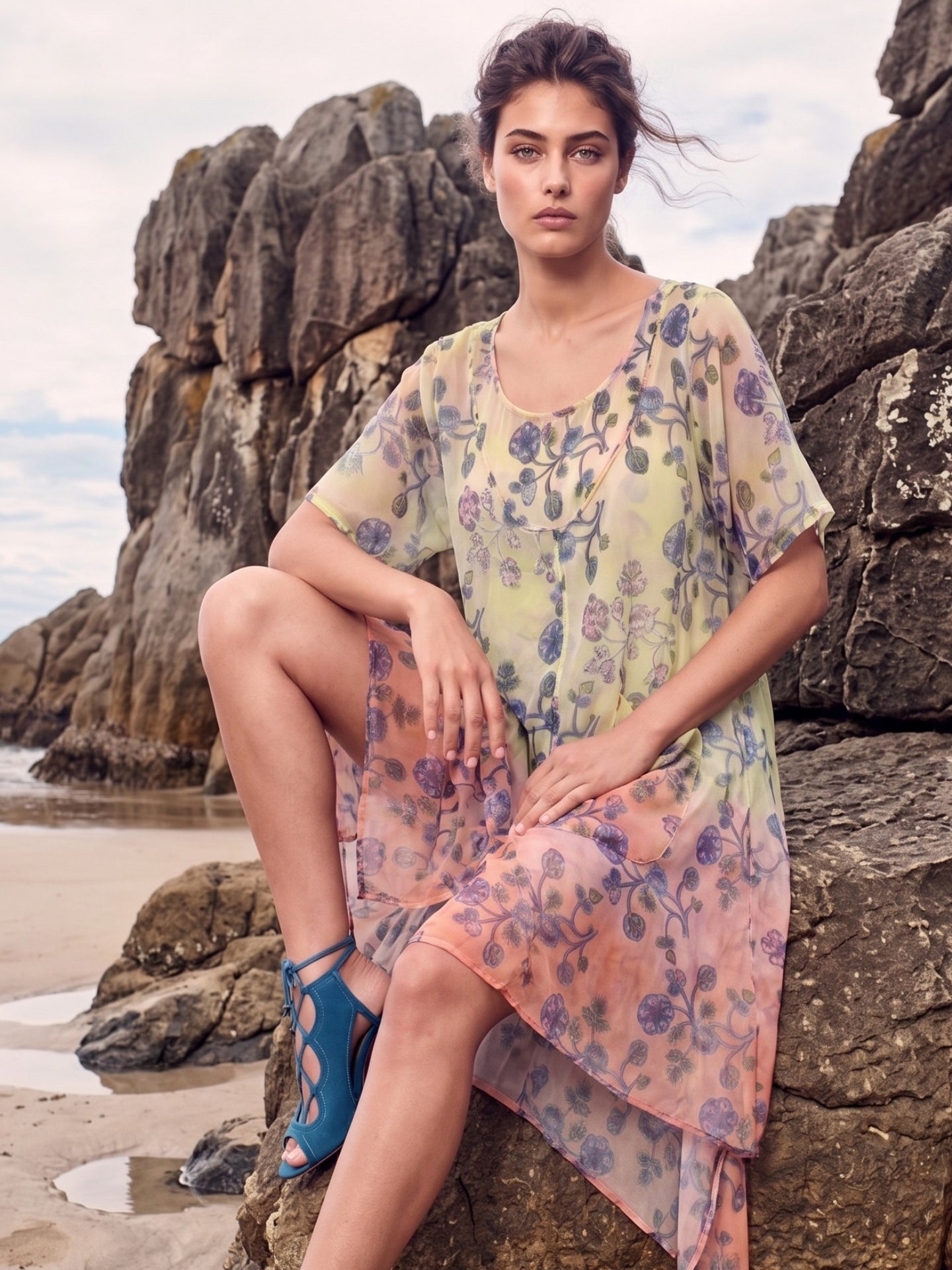 Pastel Floral Layered Boho Midi Dress