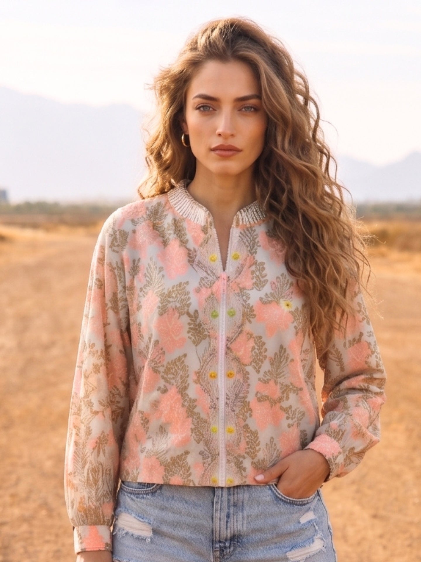Peach Boho Floral Printed Lightweight Summer Jacket