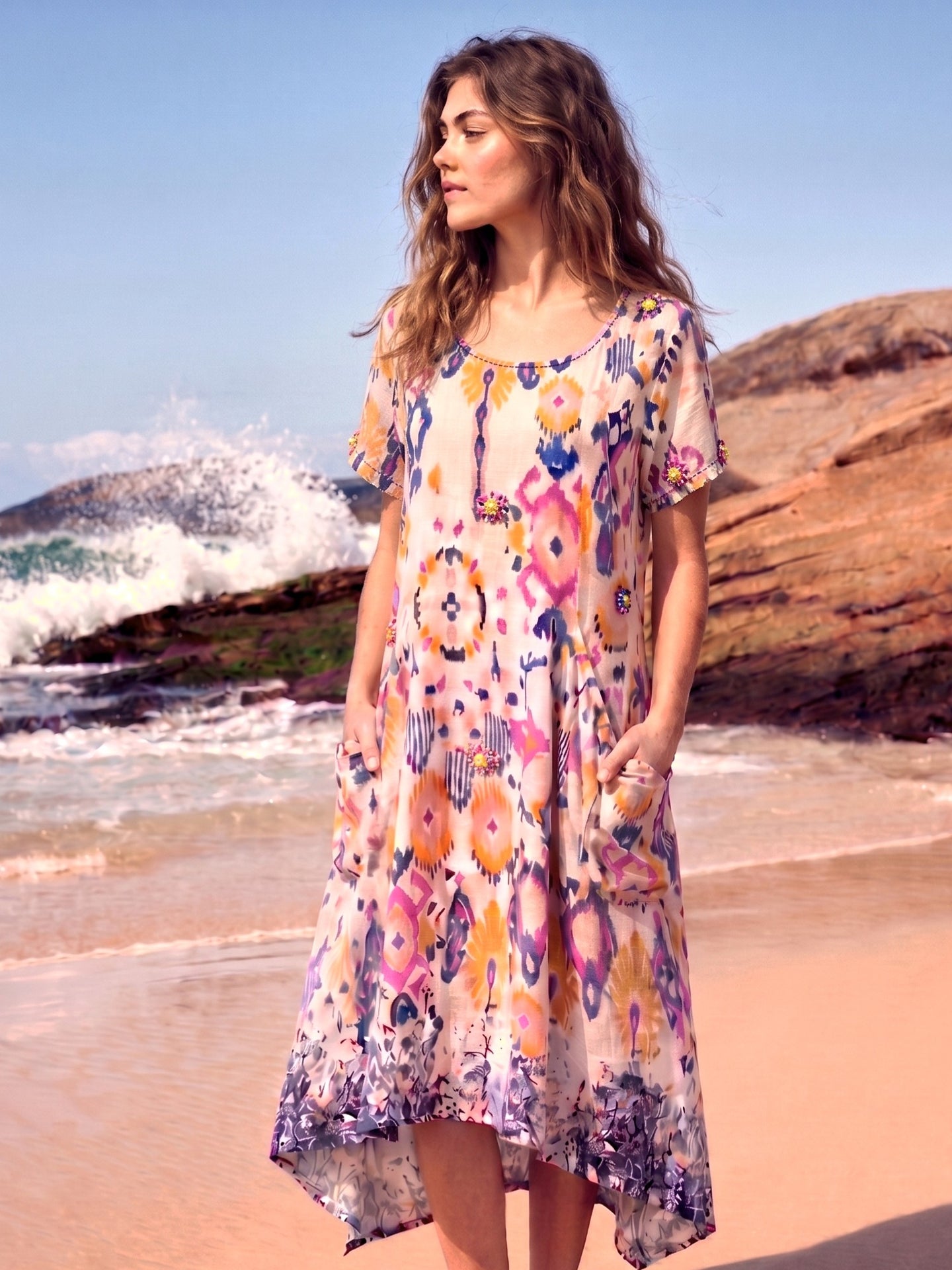 Abstract Floral Print Asymmetric Midi Dress